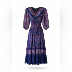 Original Vintage Bohemian Blue Multicolor Women's Dress Lace Trim M/L